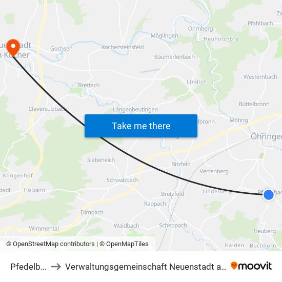 Pfedelbach to Verwaltungsgemeinschaft Neuenstadt am Kocher map