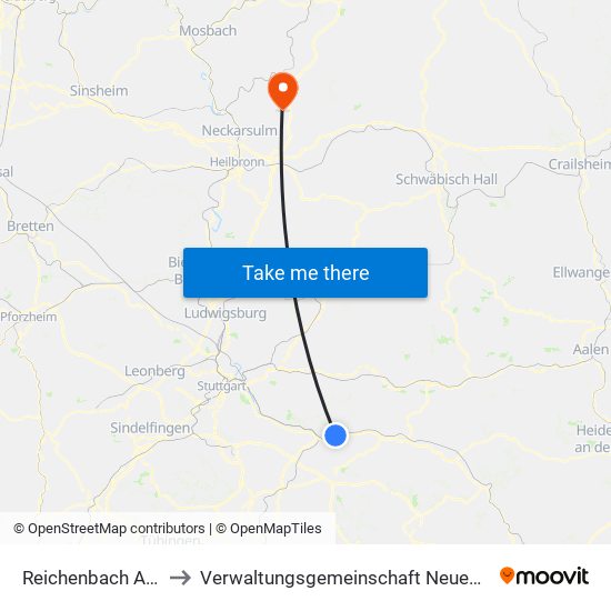Reichenbach An Der Fils to Verwaltungsgemeinschaft Neuenstadt am Kocher map