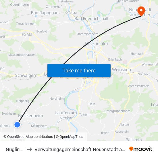 Güglingen to Verwaltungsgemeinschaft Neuenstadt am Kocher map