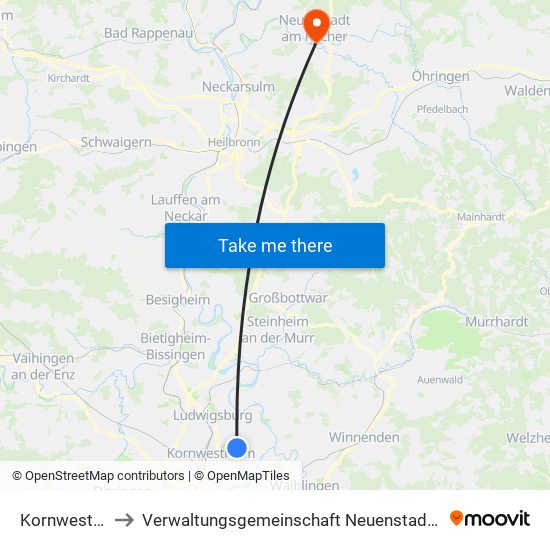 Kornwestheim to Verwaltungsgemeinschaft Neuenstadt am Kocher map