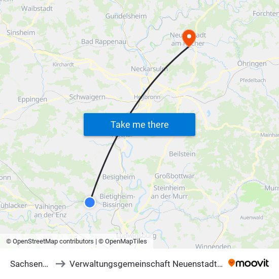 Sachsenheim to Verwaltungsgemeinschaft Neuenstadt am Kocher map