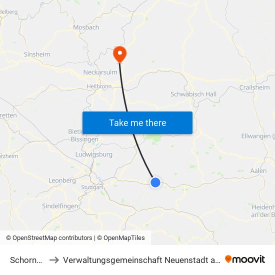 Schorndorf to Verwaltungsgemeinschaft Neuenstadt am Kocher map