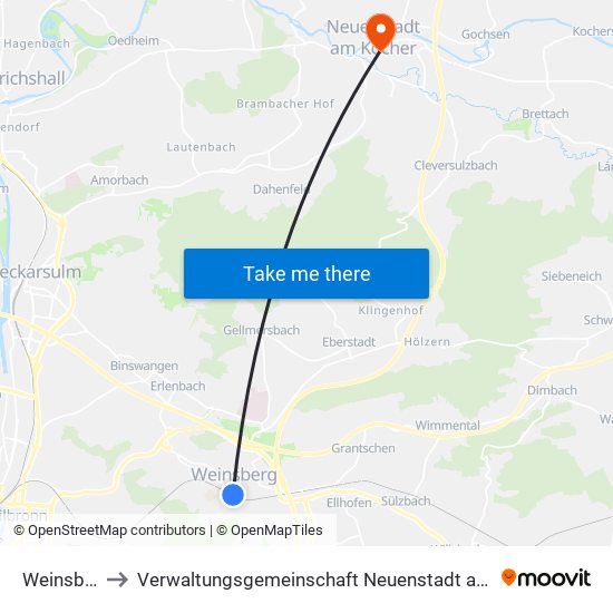 Weinsberg to Verwaltungsgemeinschaft Neuenstadt am Kocher map