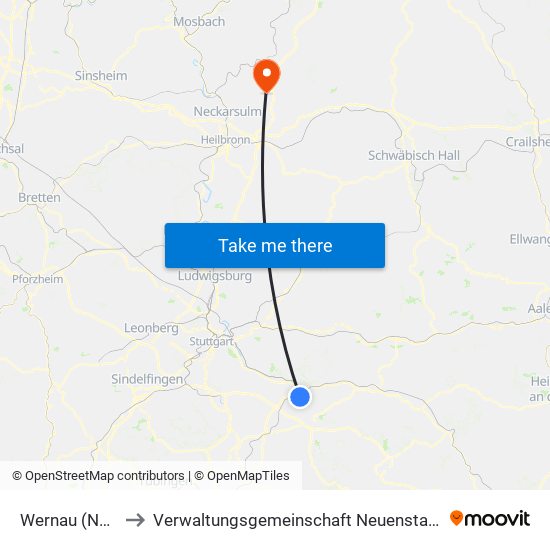 Wernau (Neckar) to Verwaltungsgemeinschaft Neuenstadt am Kocher map