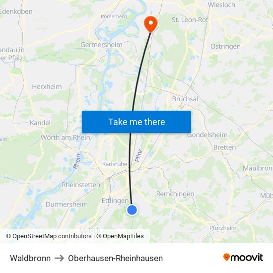 Waldbronn to Oberhausen-Rheinhausen map