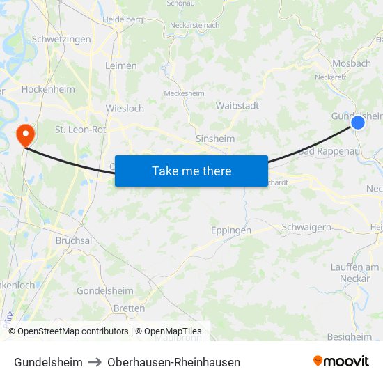 Gundelsheim to Oberhausen-Rheinhausen map