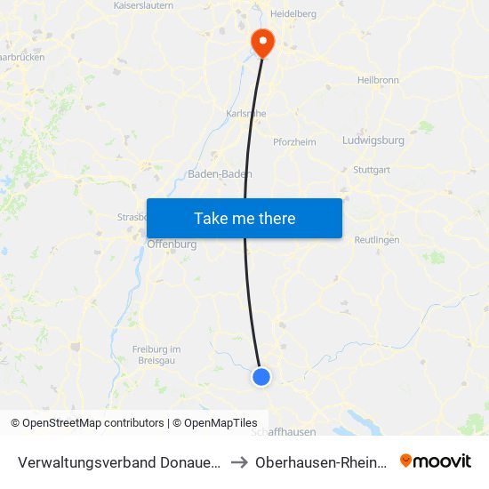 Verwaltungsverband Donaueschingen to Oberhausen-Rheinhausen map