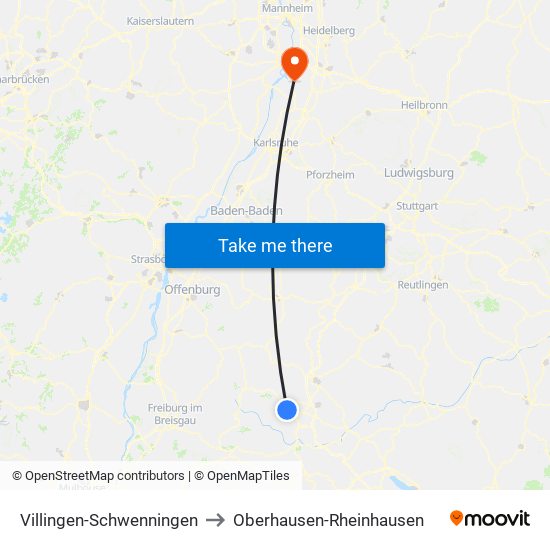 Villingen-Schwenningen to Oberhausen-Rheinhausen map