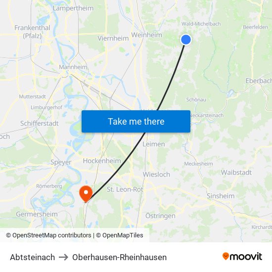 Abtsteinach to Oberhausen-Rheinhausen map