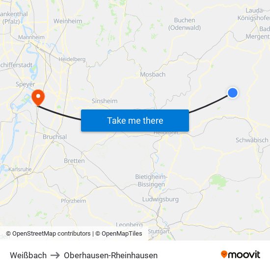 Weißbach to Oberhausen-Rheinhausen map