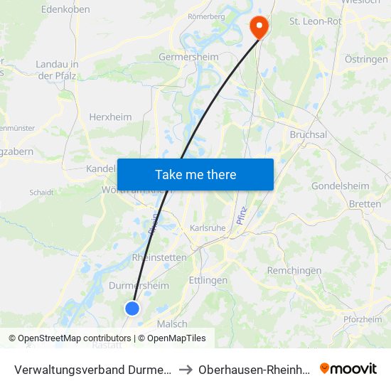 Verwaltungsverband Durmersheim to Oberhausen-Rheinhausen map