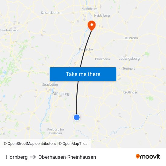 Hornberg to Oberhausen-Rheinhausen map