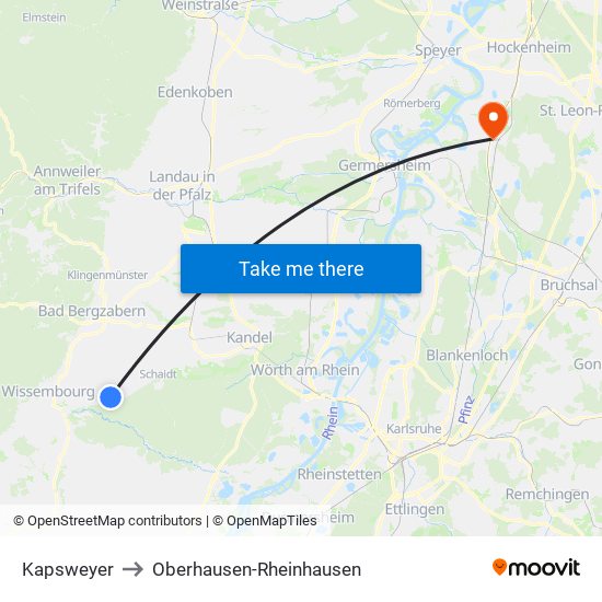 Kapsweyer to Oberhausen-Rheinhausen map