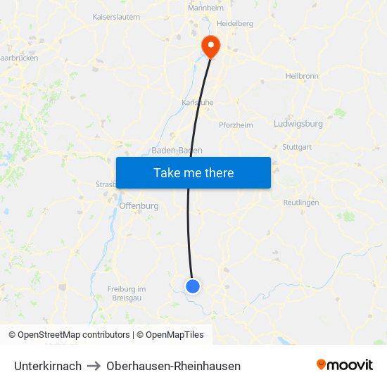 Unterkirnach to Oberhausen-Rheinhausen map