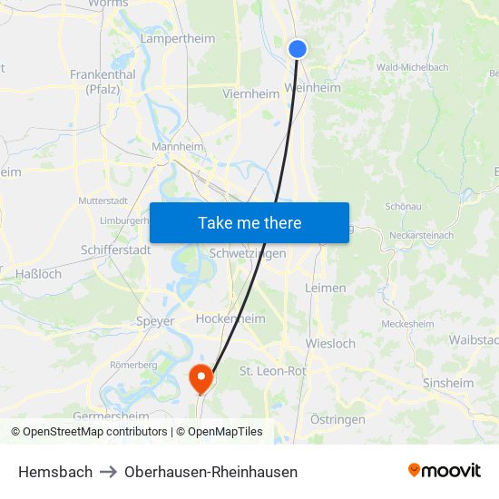 Hemsbach to Oberhausen-Rheinhausen map