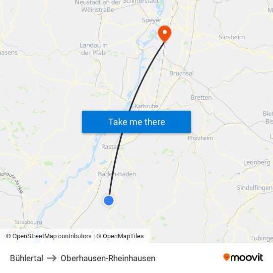 Bühlertal to Oberhausen-Rheinhausen map