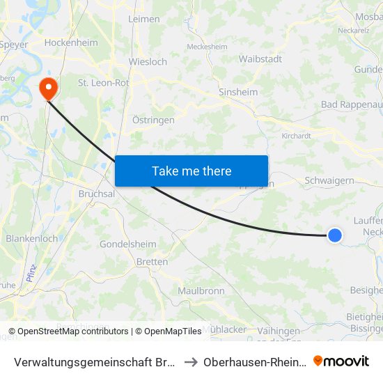 Verwaltungsgemeinschaft Brackenheim to Oberhausen-Rheinhausen map