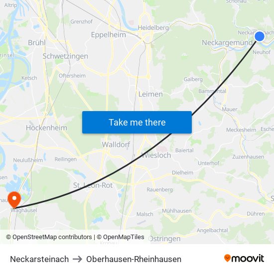 Neckarsteinach to Oberhausen-Rheinhausen map
