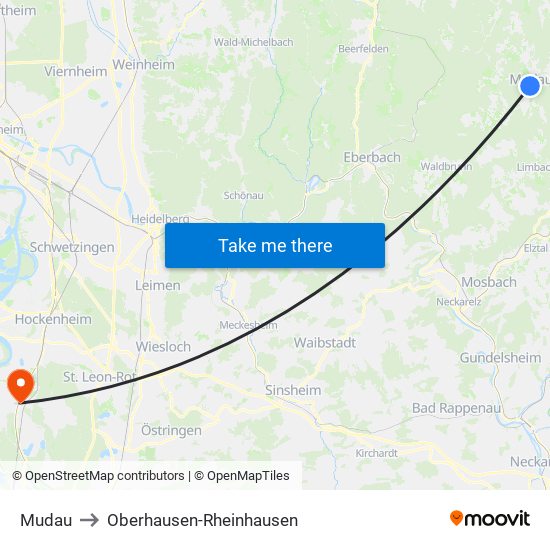 Mudau to Oberhausen-Rheinhausen map