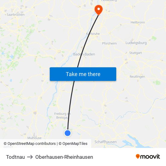 Todtnau to Oberhausen-Rheinhausen map