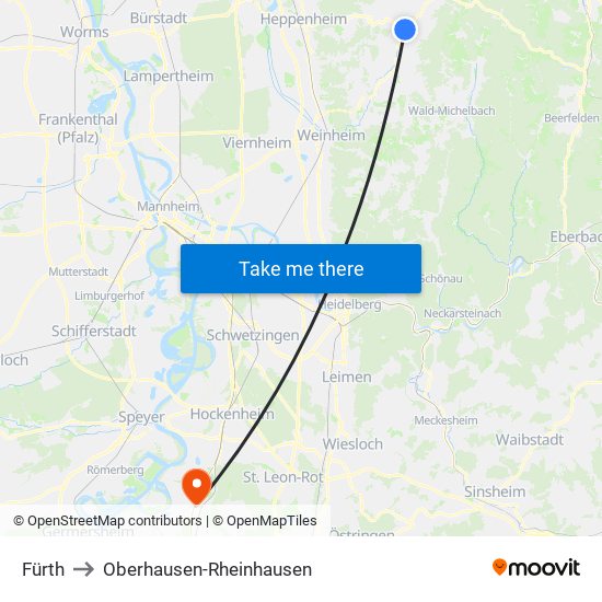 Fürth to Oberhausen-Rheinhausen map