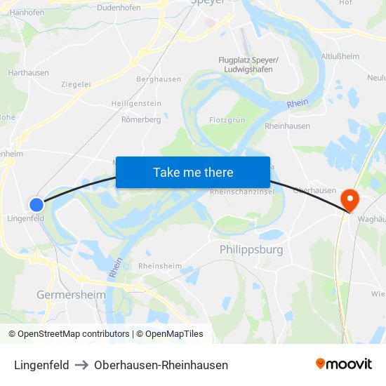 Lingenfeld to Oberhausen-Rheinhausen map