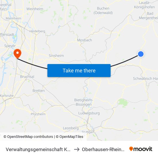 Verwaltungsgemeinschaft Künzelsau to Oberhausen-Rheinhausen map