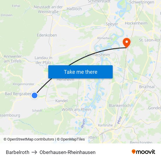 Barbelroth to Oberhausen-Rheinhausen map