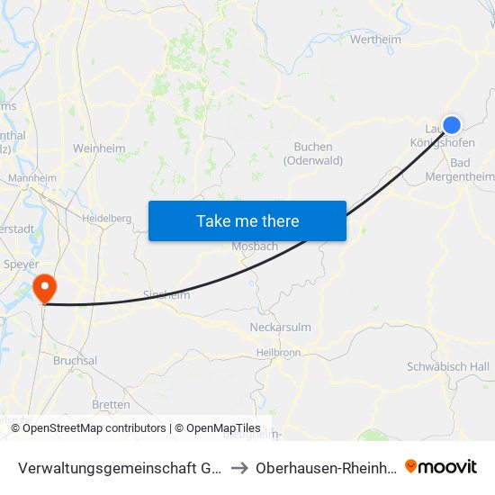 Verwaltungsgemeinschaft Grünsfeld to Oberhausen-Rheinhausen map