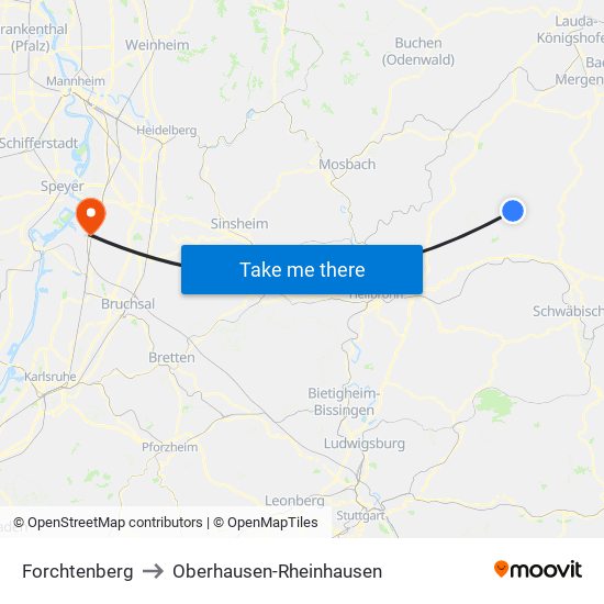 Forchtenberg to Oberhausen-Rheinhausen map