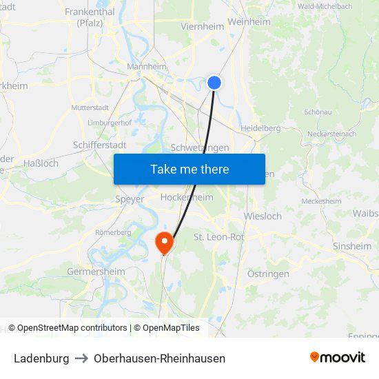 Ladenburg to Oberhausen-Rheinhausen map