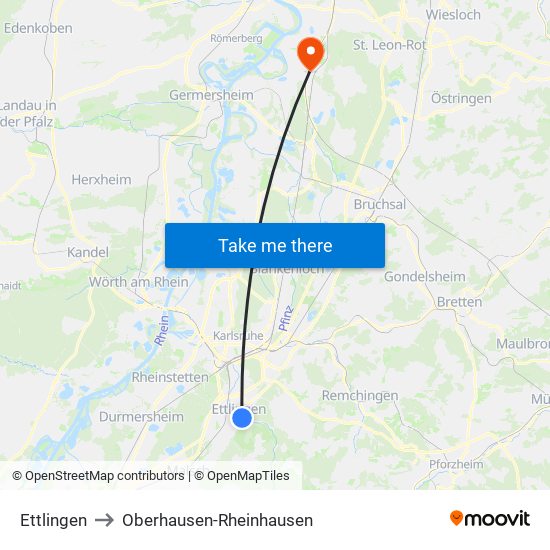 Ettlingen to Oberhausen-Rheinhausen map