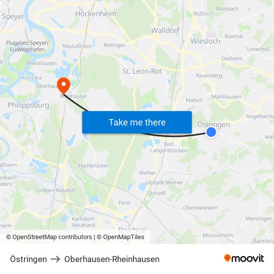 Östringen to Oberhausen-Rheinhausen map