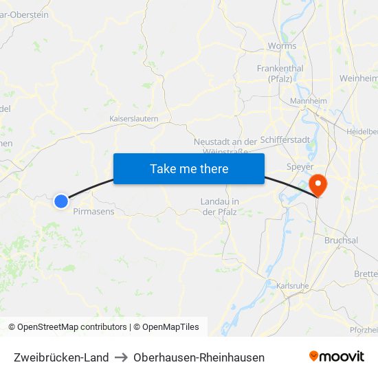 Zweibrücken-Land to Oberhausen-Rheinhausen map