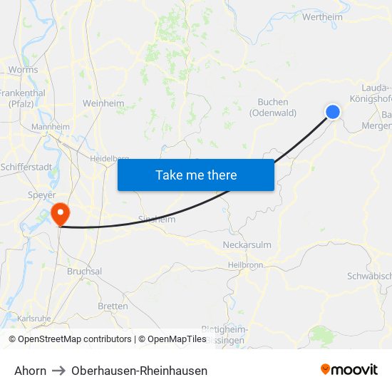 Ahorn to Oberhausen-Rheinhausen map