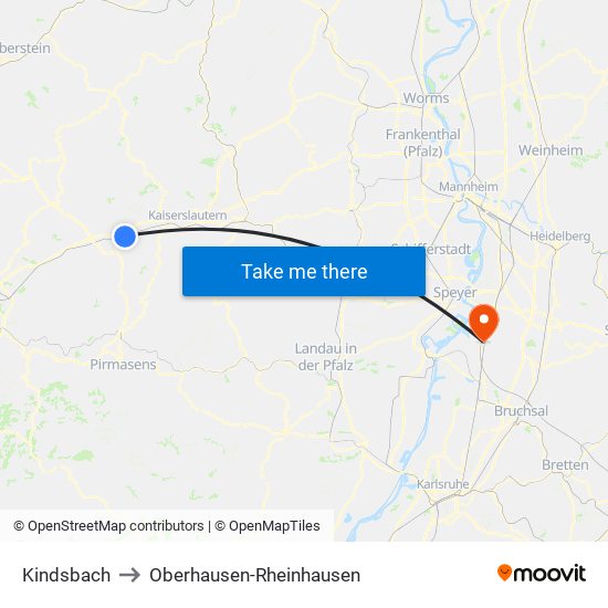 Kindsbach to Oberhausen-Rheinhausen map