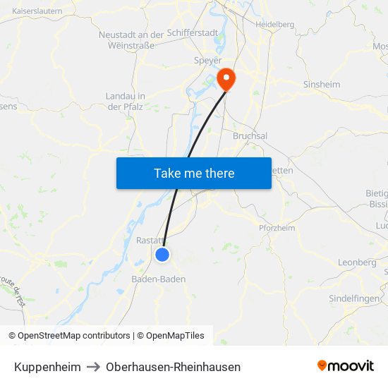 Kuppenheim to Oberhausen-Rheinhausen map