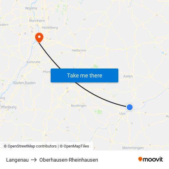 Langenau to Oberhausen-Rheinhausen map