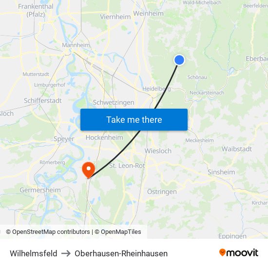 Wilhelmsfeld to Oberhausen-Rheinhausen map