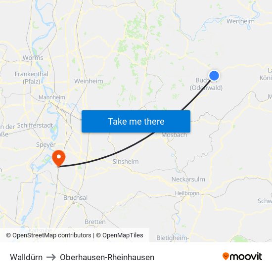 Walldürn to Oberhausen-Rheinhausen map