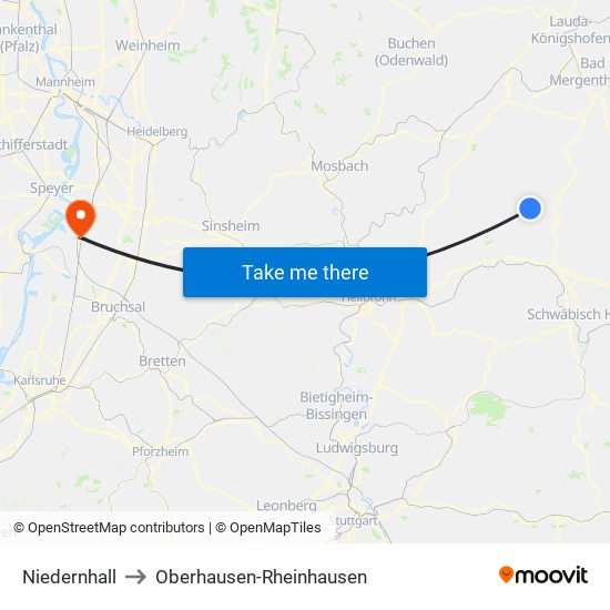 Niedernhall to Oberhausen-Rheinhausen map