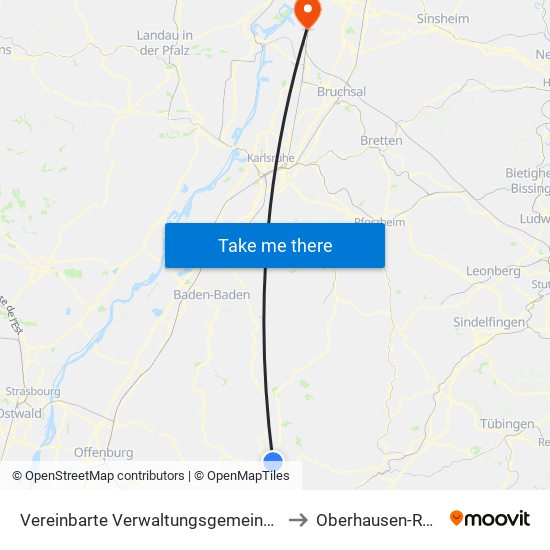Vereinbarte Verwaltungsgemeinschaft Freudenstadt to Oberhausen-Rheinhausen map