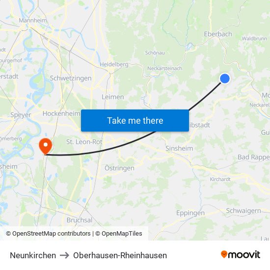 Neunkirchen to Oberhausen-Rheinhausen map