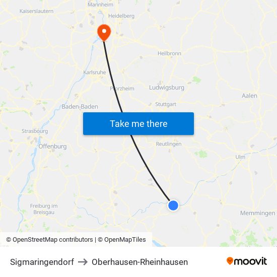 Sigmaringendorf to Oberhausen-Rheinhausen map