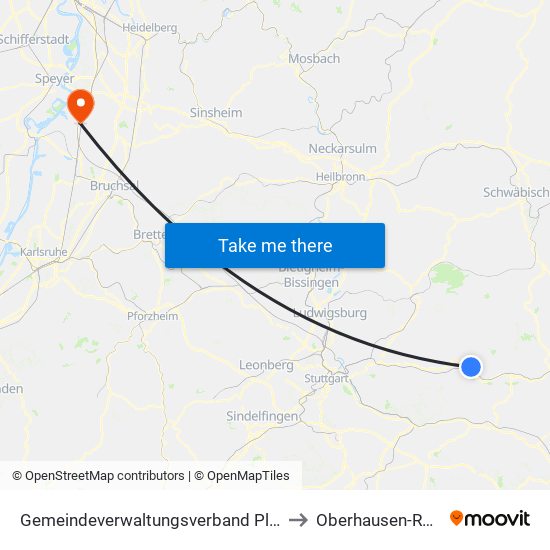 Gemeindeverwaltungsverband Plüderhausen-Urbach to Oberhausen-Rheinhausen map