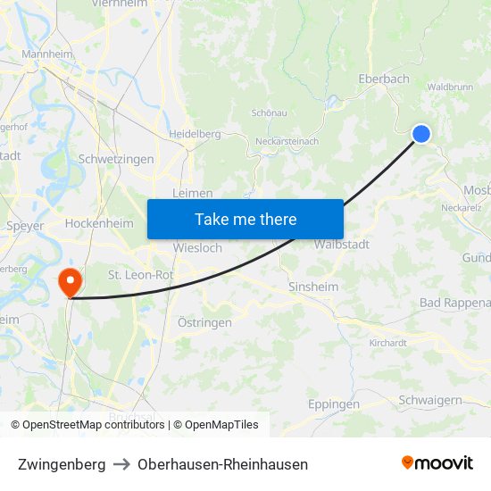 Zwingenberg to Oberhausen-Rheinhausen map