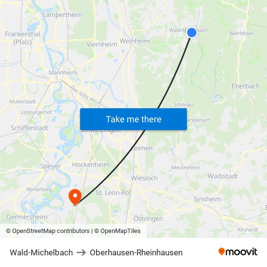 Wald-Michelbach to Oberhausen-Rheinhausen map