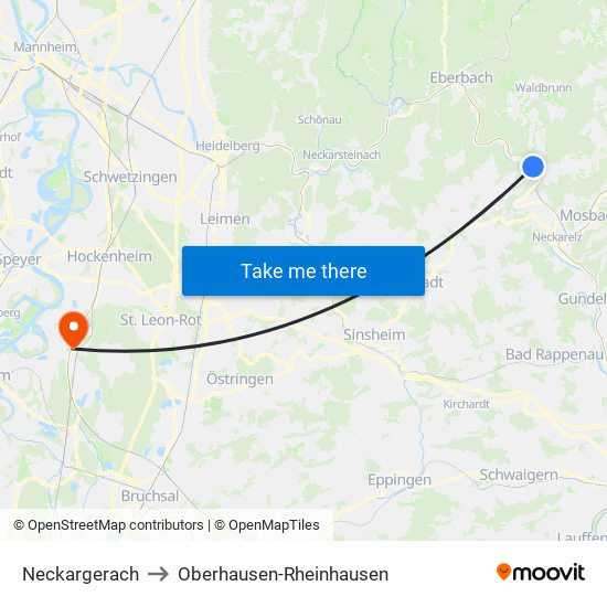 Neckargerach to Oberhausen-Rheinhausen map