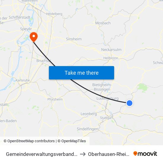 Gemeindeverwaltungsverband Winnenden to Oberhausen-Rheinhausen map