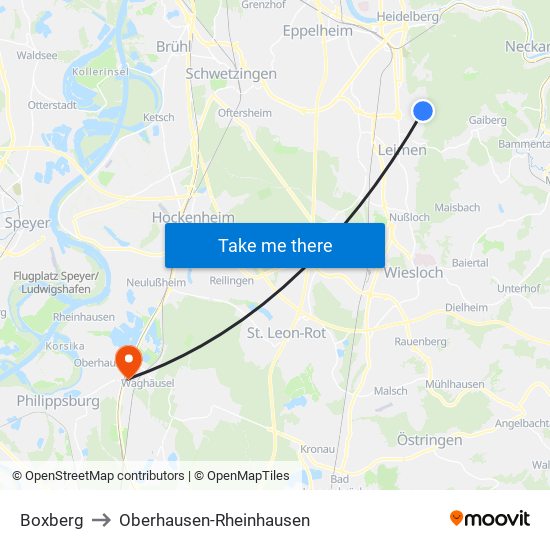 Boxberg to Oberhausen-Rheinhausen map